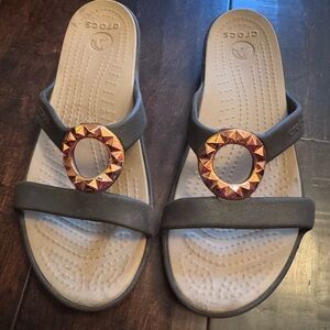 CROCS Olive Green Slide Sandals with Rose Gold Stud Accent